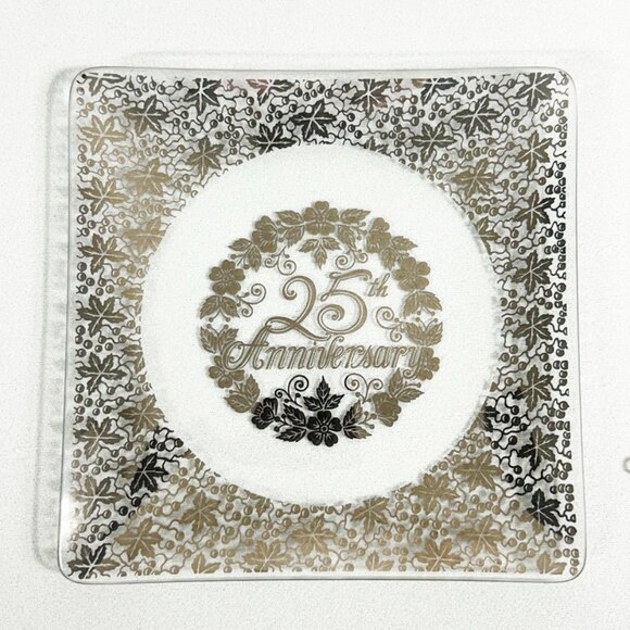 Vintage 25th Anniversary Glass Gift Tray Plate in Clear/Silver - Picture 1 of 1